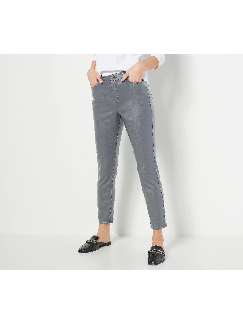 GRAVER Susan Graver Pants 18W Regular Coated Stretch Woven Ankle Dark Pewter NEW
